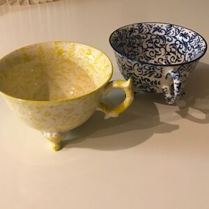 Anthropologie Yellow and Blue Decorative Footed Tea Cups